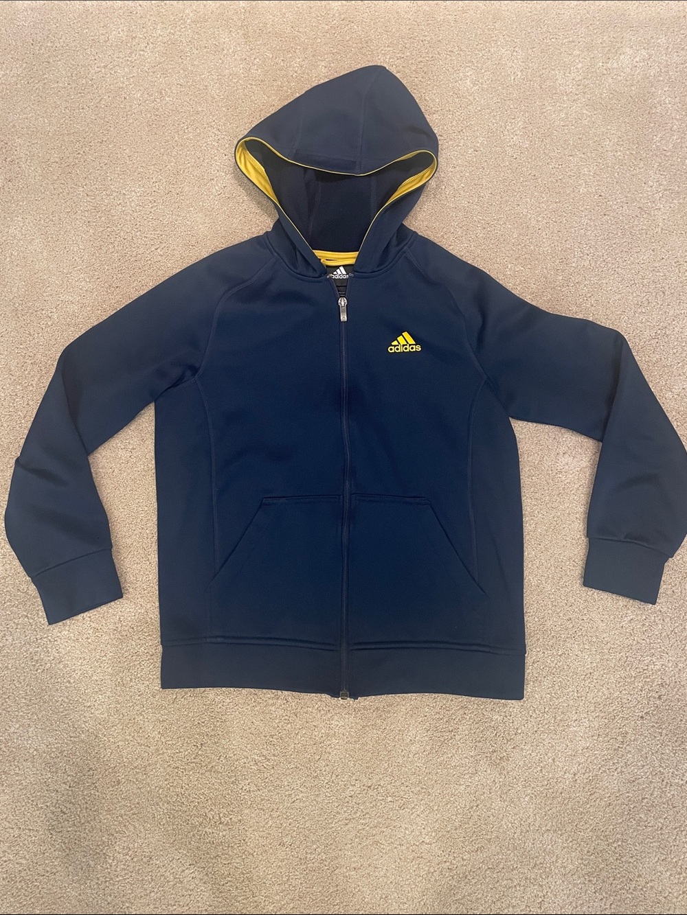 Navy with yellow Adidas zip up hoodie, size L
